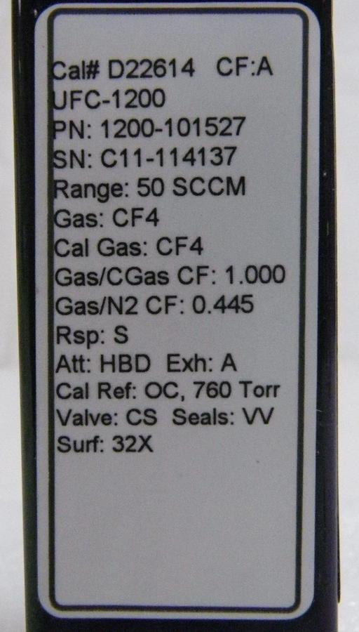 Used Unit UFC-1200, Mass Flow Controller, Gas- CF4, Range- 50 SCCM, 1/4" M I/O VCR