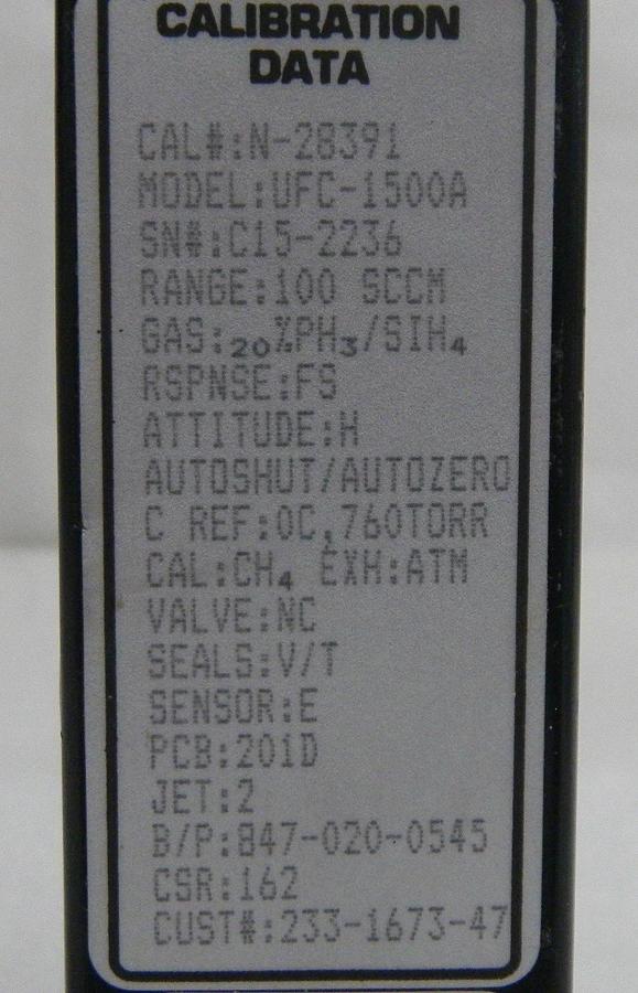 Used Unit UFC-1500A, Mass Flow Controller, Gas- SIH2CL2, Range- 75 SCCM, 1/4" M I/O