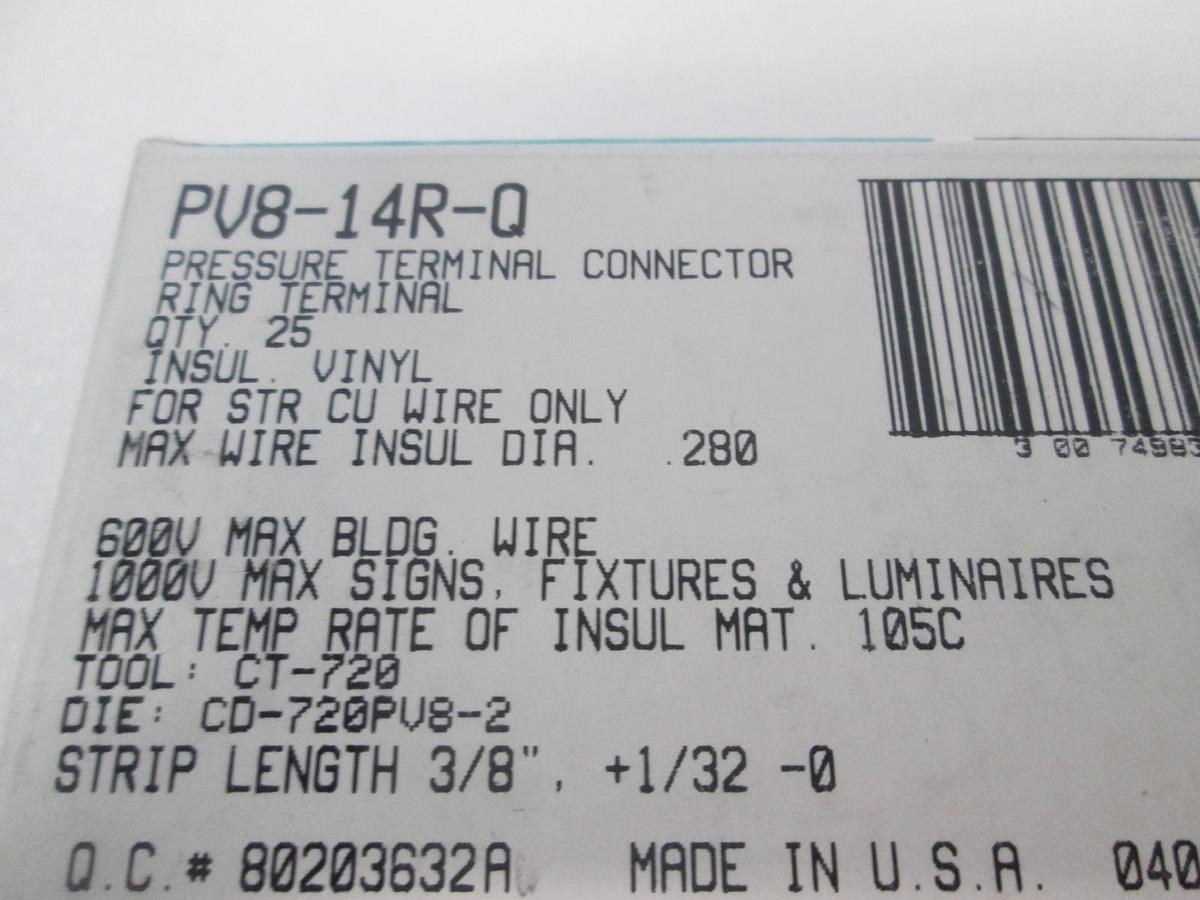 Used Panduit, Pan-Term Terminals, PV8-14R-Q, Stud 1/4, Wire Size 8, New, Lot of 23