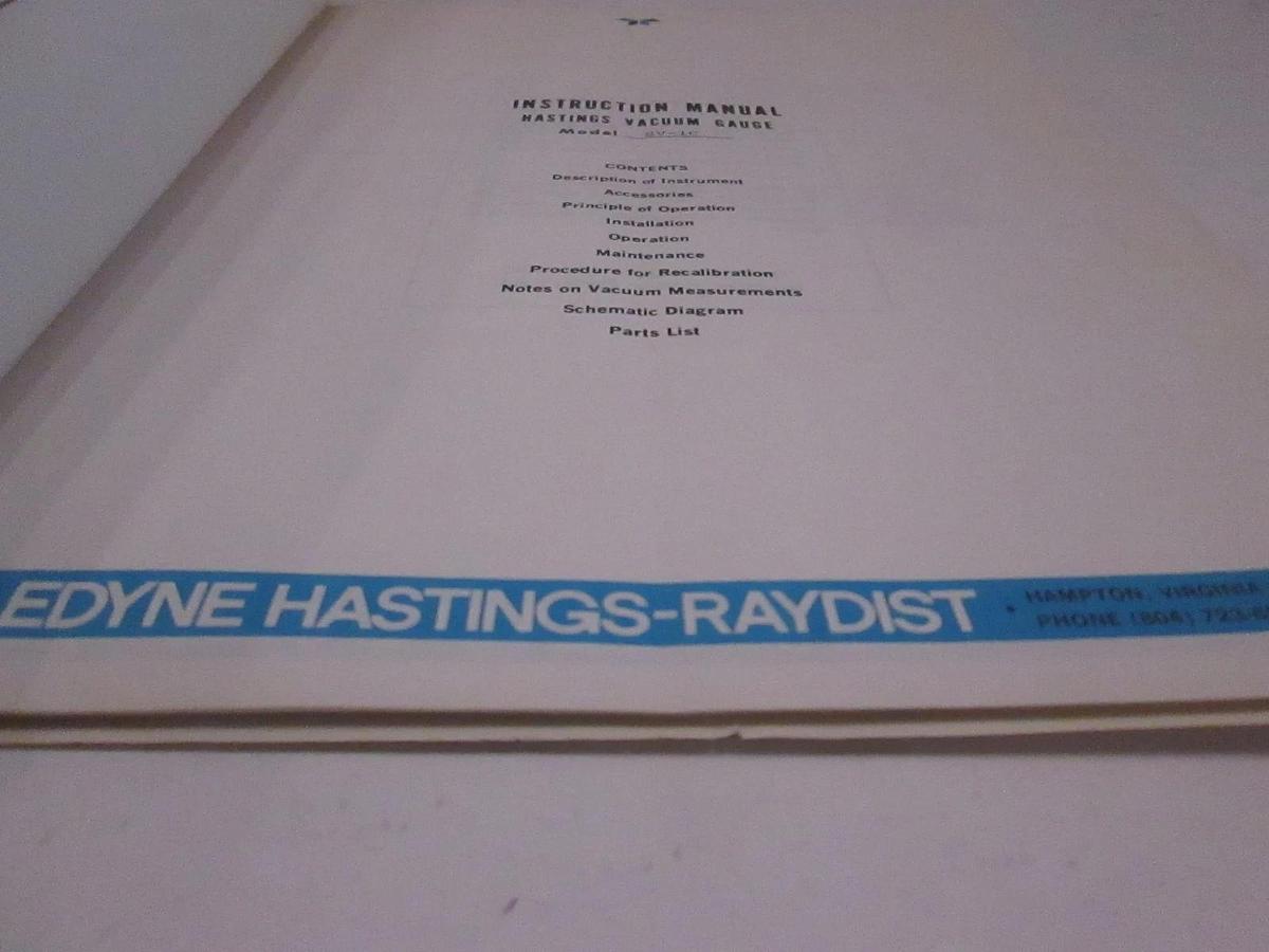 Used Teledyne Hastings SV-1C Vacuum Gauge Instruction Manual, Used