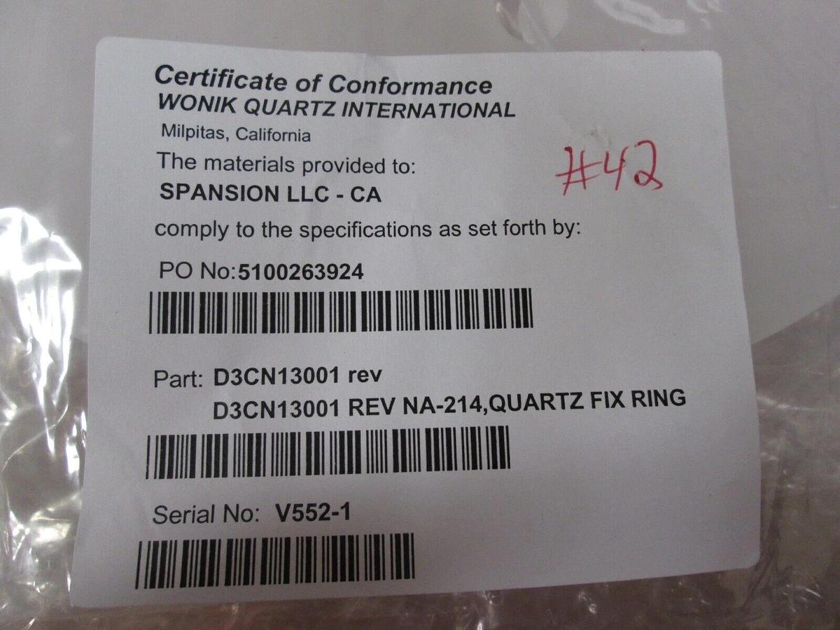 TEL Tokyo Electron Quartz fix ring, D3CN13001, New TEL furnace