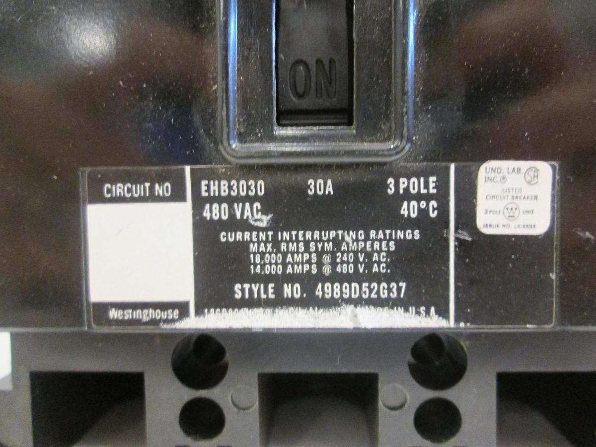 Used Westinghouse EHB3030 Circuit Breaker, 480 VAC 30A, 3 Pole