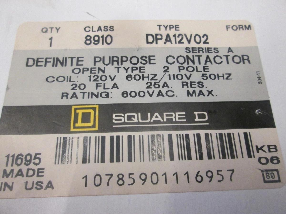 Square D, DPA12V02, Definite Purpose Contaactor, 2 Pole, New