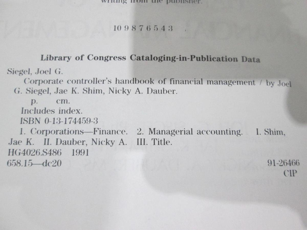 Used Corporate Controllers, Handbook of Financial Management, 0-13-174459-3, Used