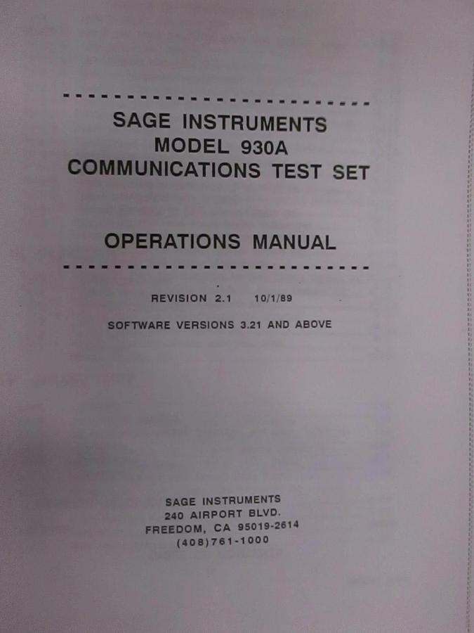 Used Sage Instruments Model 930A Communications Test Set Operations Manual, Used