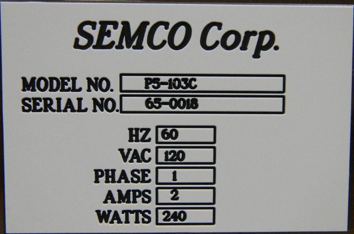 Used Semco Corp. Lydop POCL3 P5-103C Pumping Station, 60HZ, 120VAC, 1 Ph, 2A, 240W