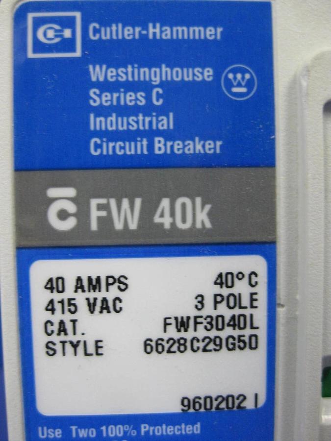 Used Westinghouse Series C FWF3040L Circuit Breaker,415 VAC, 40A 3 Pole, Used