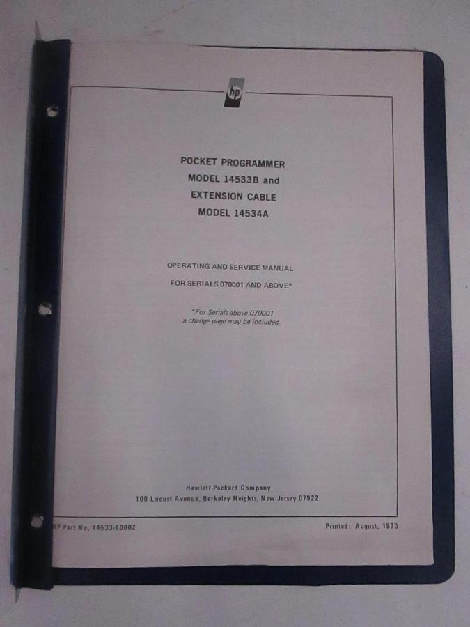 Used HP Pocket Programmer 14533B and Extension Cable 14534A Operation Manual, Used