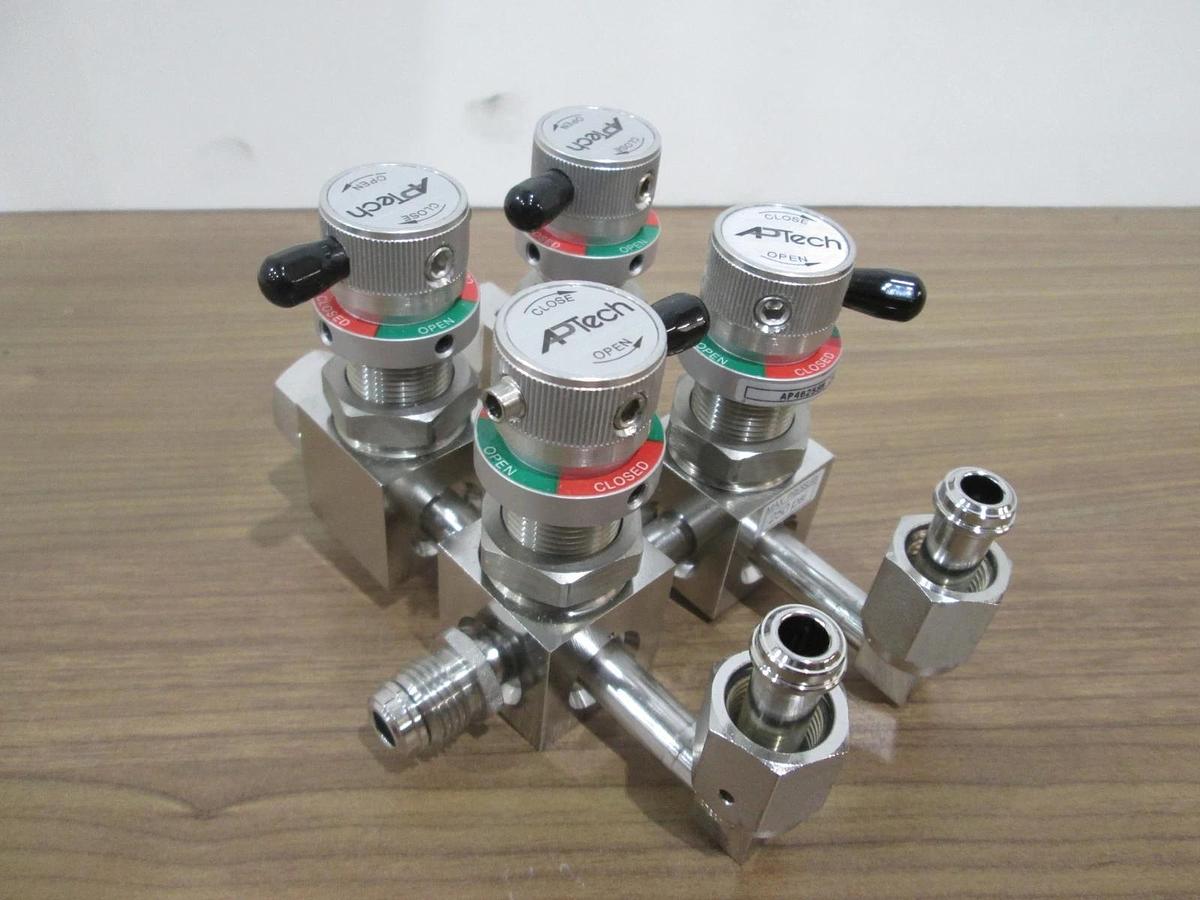 Used APTech AP4625SM (4) Manual Diaphragm Valve Manifold Assy w/ 4 Valves, Used