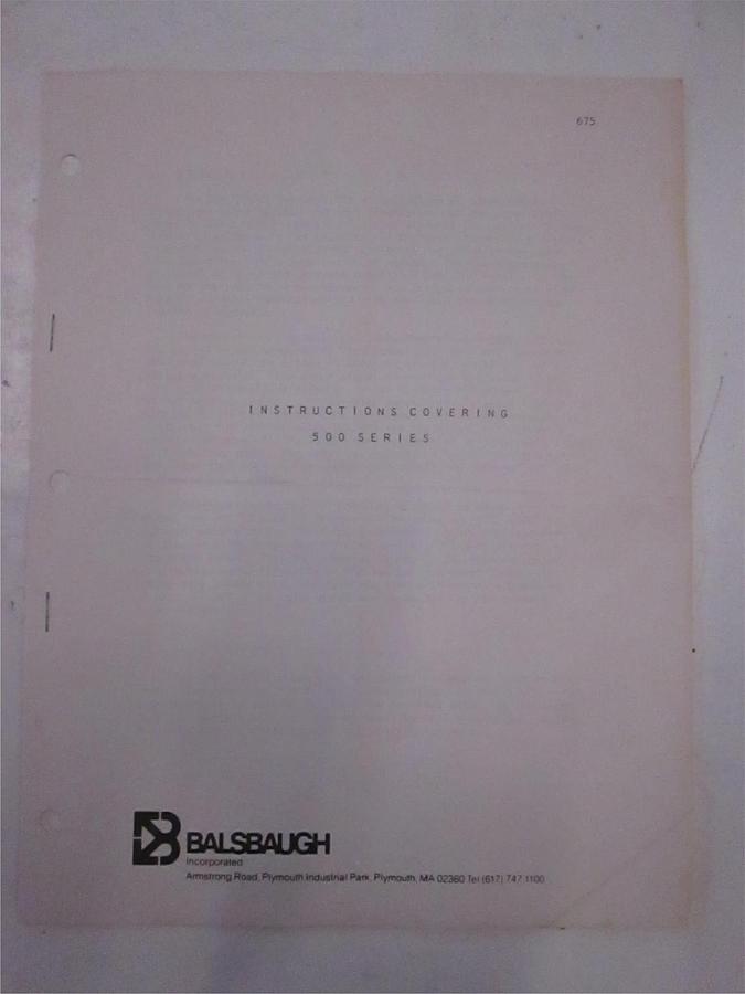 Used Balsbaugh Instructions Covering 500 Series, Used