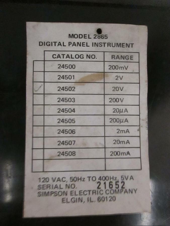 Used Simpson Digital Panel Meter, 2865, 120 VAC, 50-400Hz, Used