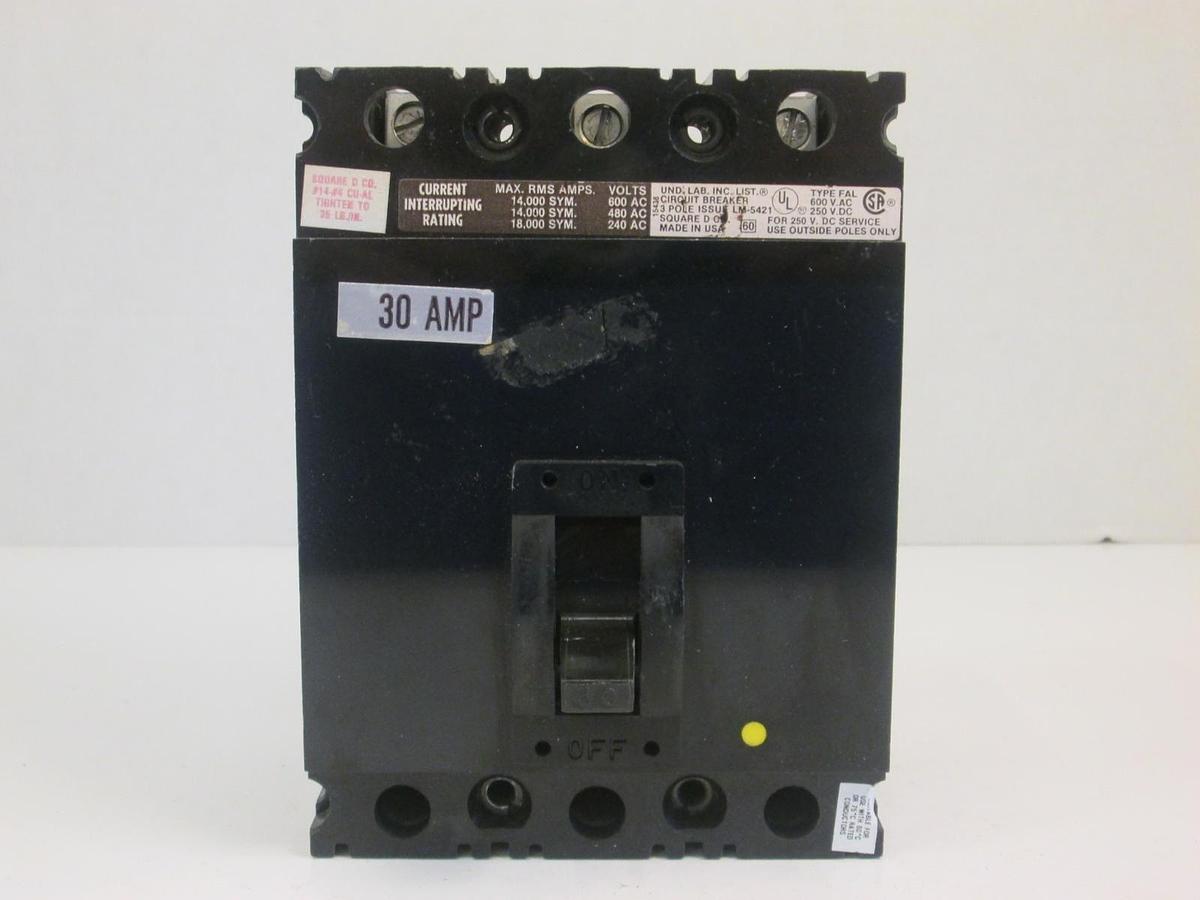 Used Square D FAL36030 Circuit Breaker, 30 AMP, 3 Pole