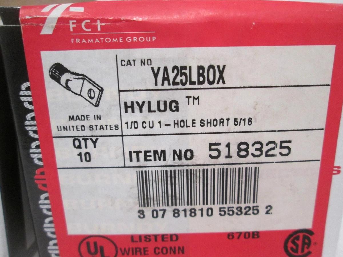 FCI, YA25LBOX, HyLug, 1/0 CU 1- Hole Short 5/16, New, Lot of 14