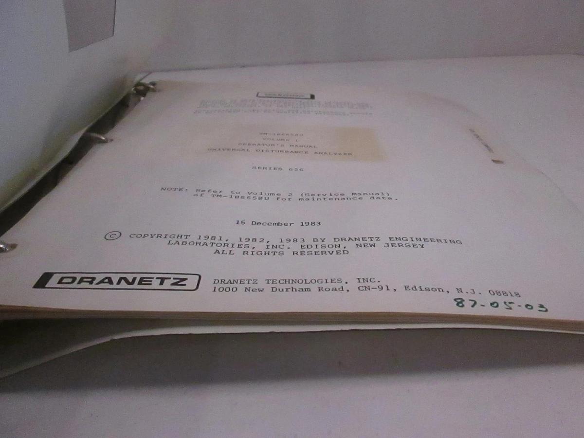 Used Dranetz TM-106650U Volume 1 Disturbance Analyzer Operators Manual, Used