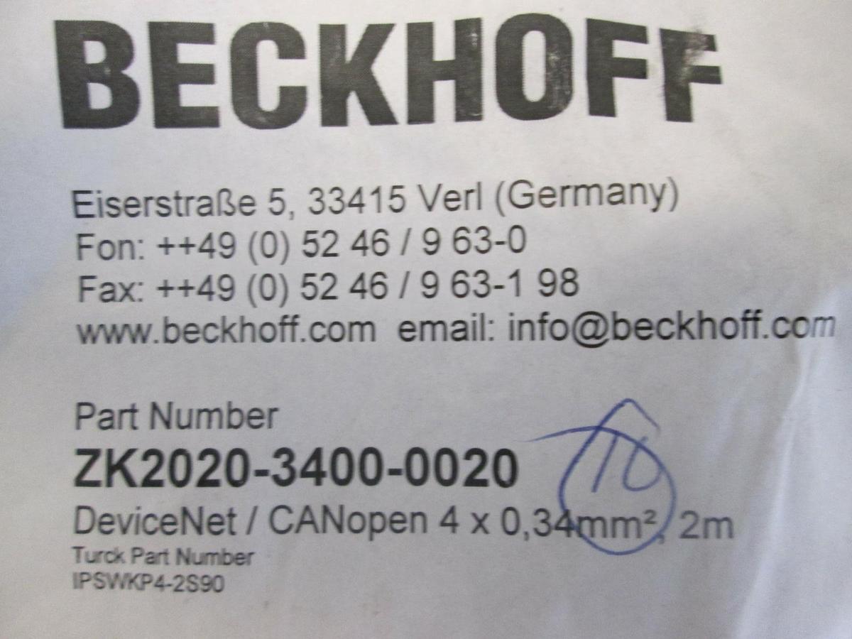 Used Beckhoff, ZK2020-3400-0020, DeviceNet/ CANopen 4 xx 0,34mm2, 2m, New, Lot of 10
