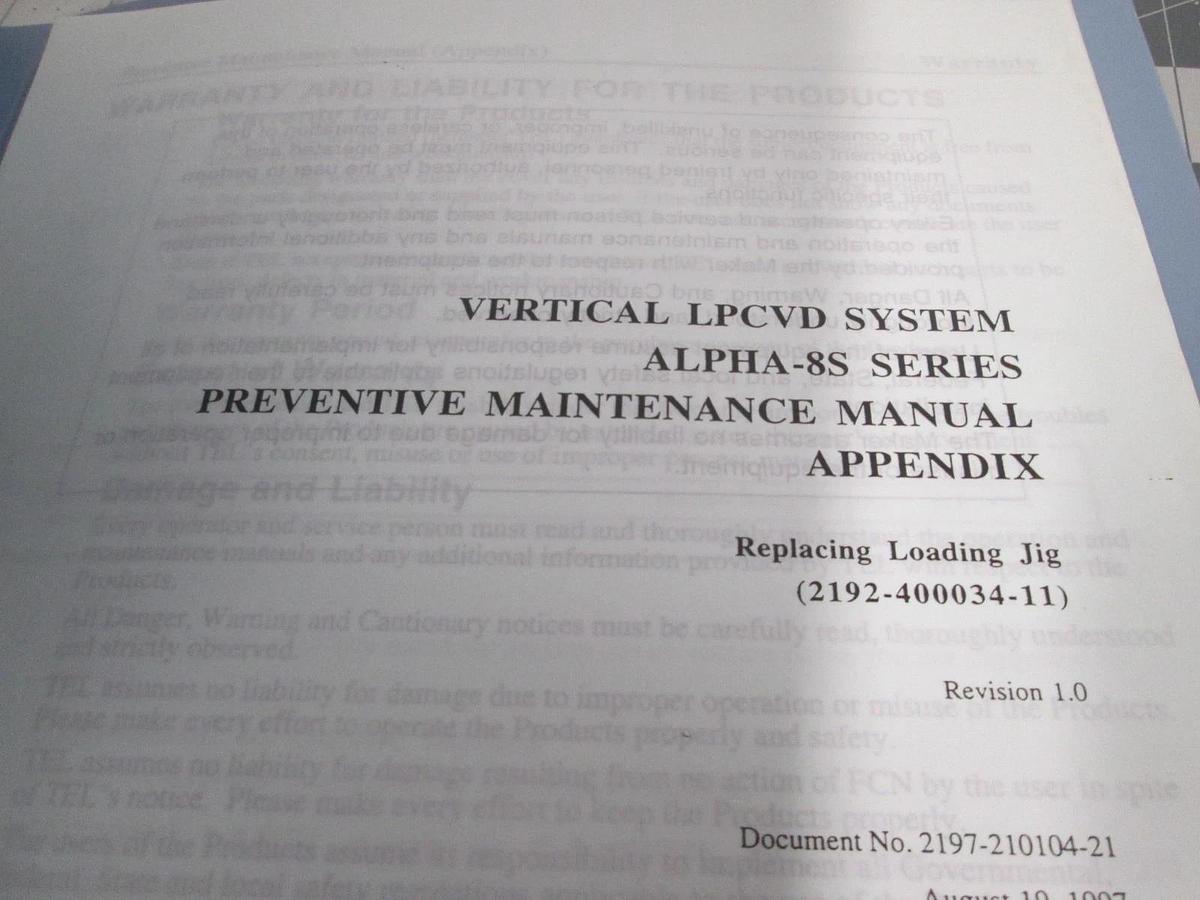 Used TEL Tokyo, ALPHA-8S, Preventive Maintenance Manual Appendix, AsSG, Used