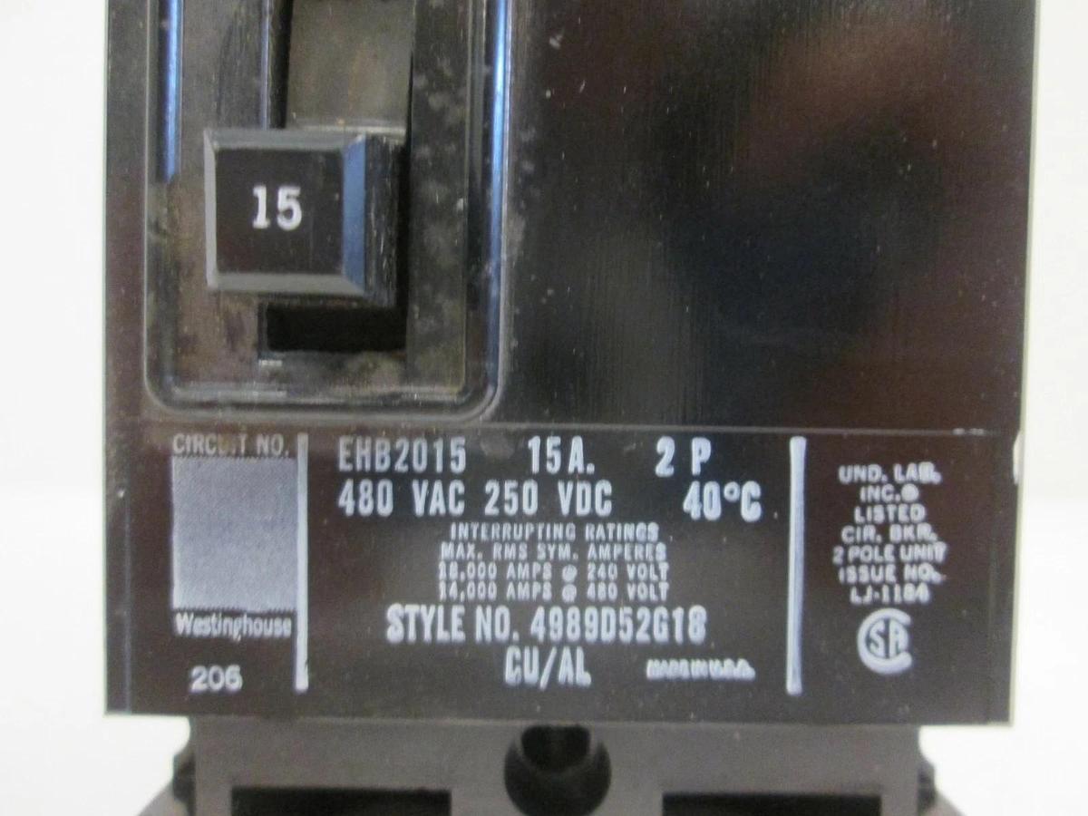 Used Westinghouse EHB2015 Circuit Breaker, 480 VAC 15A, 2 Pole