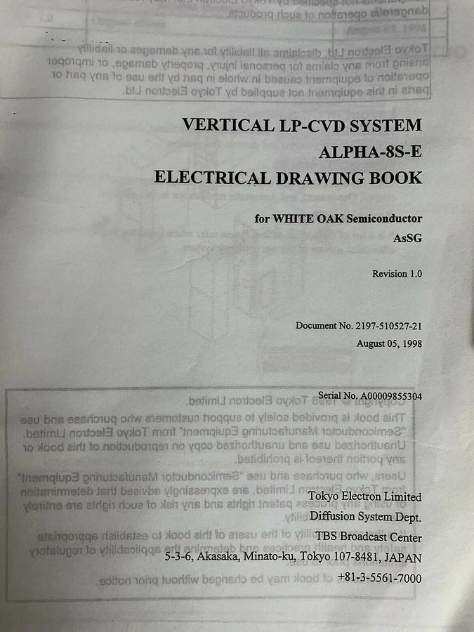 Used TEL ALPHA-8S-E Vertical LP-CVD AsSG Electrical Drawing Book A00009855304