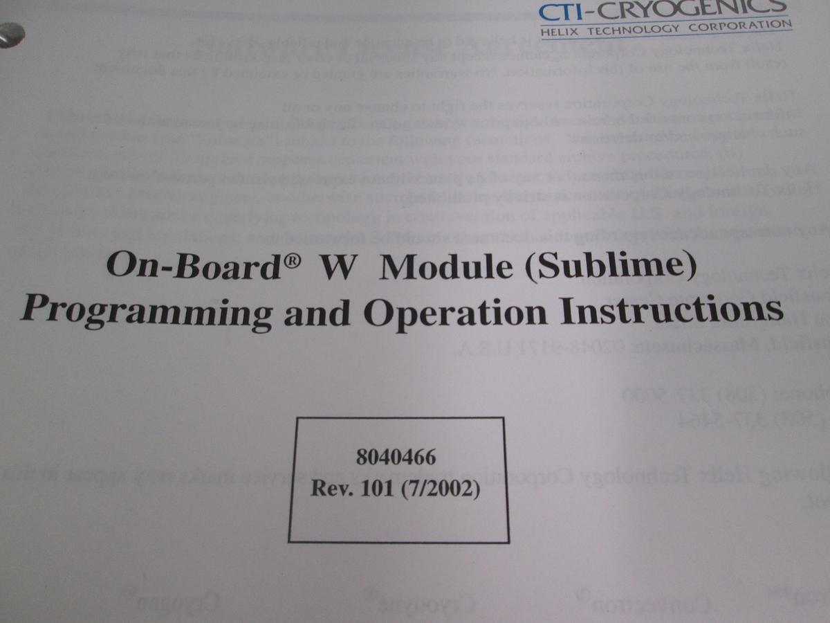 Used Cryogenics, On-Board, W Module (Sublime) Programming and Operation Instructions, 8040466, Used