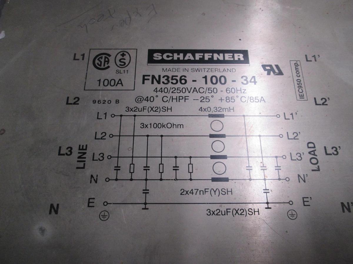 Used Schaffner, FN356-100-34, Power Line Filter, 440/250VAC/50-60Hz, Used
