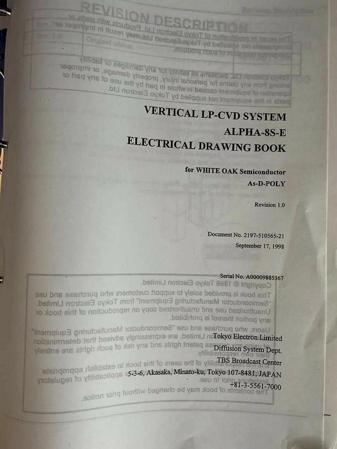 Used Tokyo Electron ALPHA-8S-E Vertical LP-CVD As-D-Poly Electrical Drawing Book