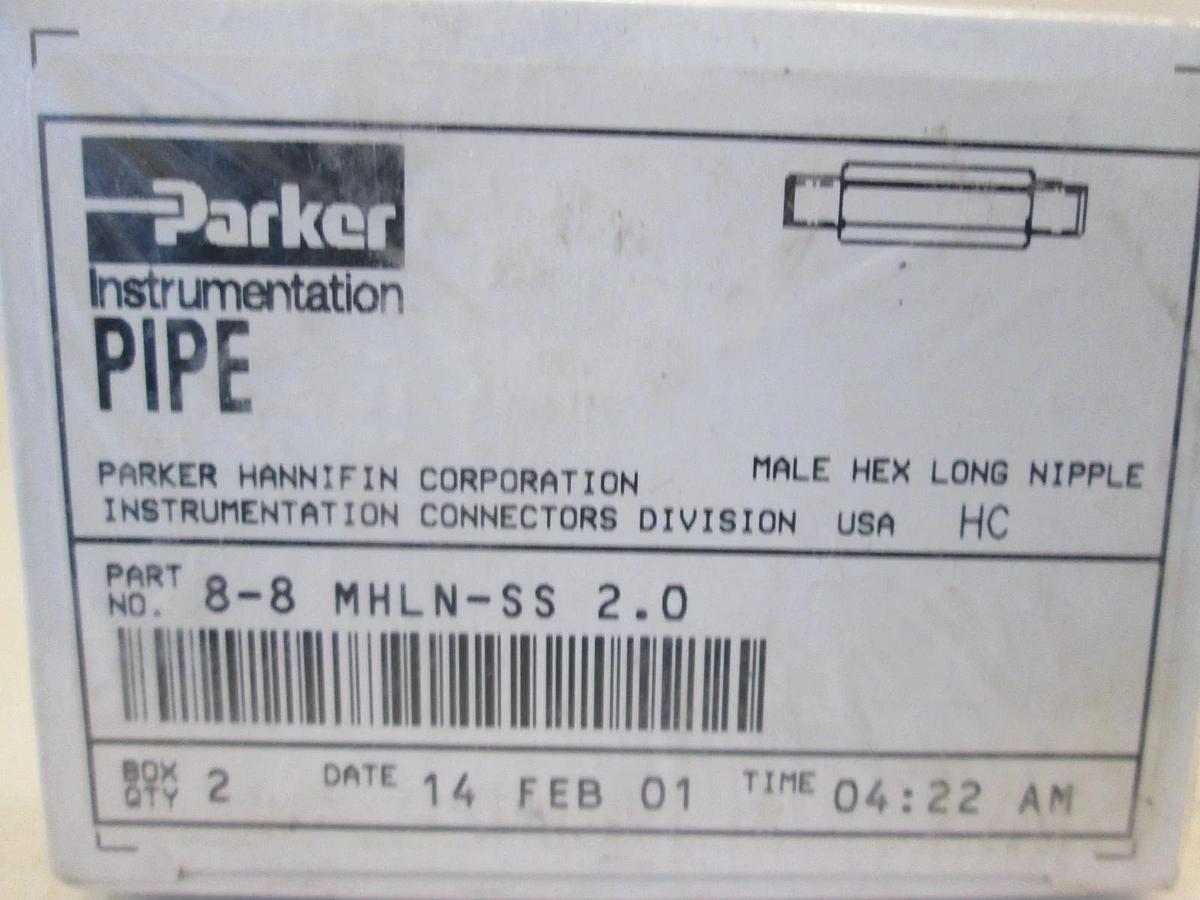 Parker, 8-8 MHLN-SS, Male Hex Long Nipple Fitting Box of 2, New, Original