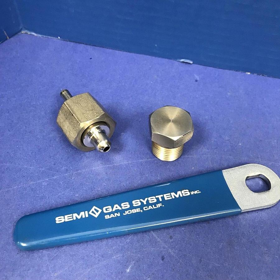 Used CGA 326 Cylinder Inlet Connection, Nipple w/ Nut and Blue Semi-Gas Handle