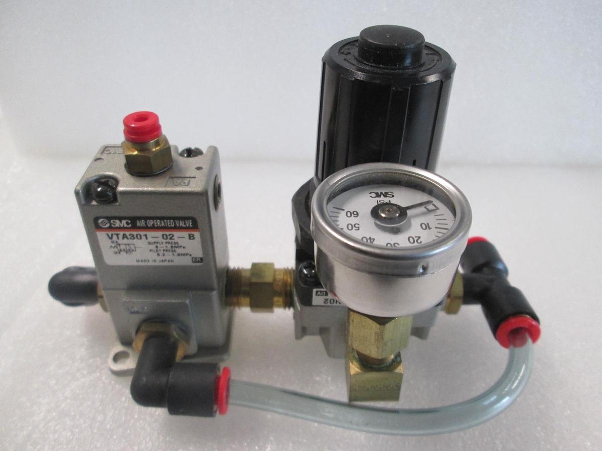 Used SMC, VTA301-02-B, Air Operated Valve Assy w/ Regulator and 0-60 PSI Gauge, Used