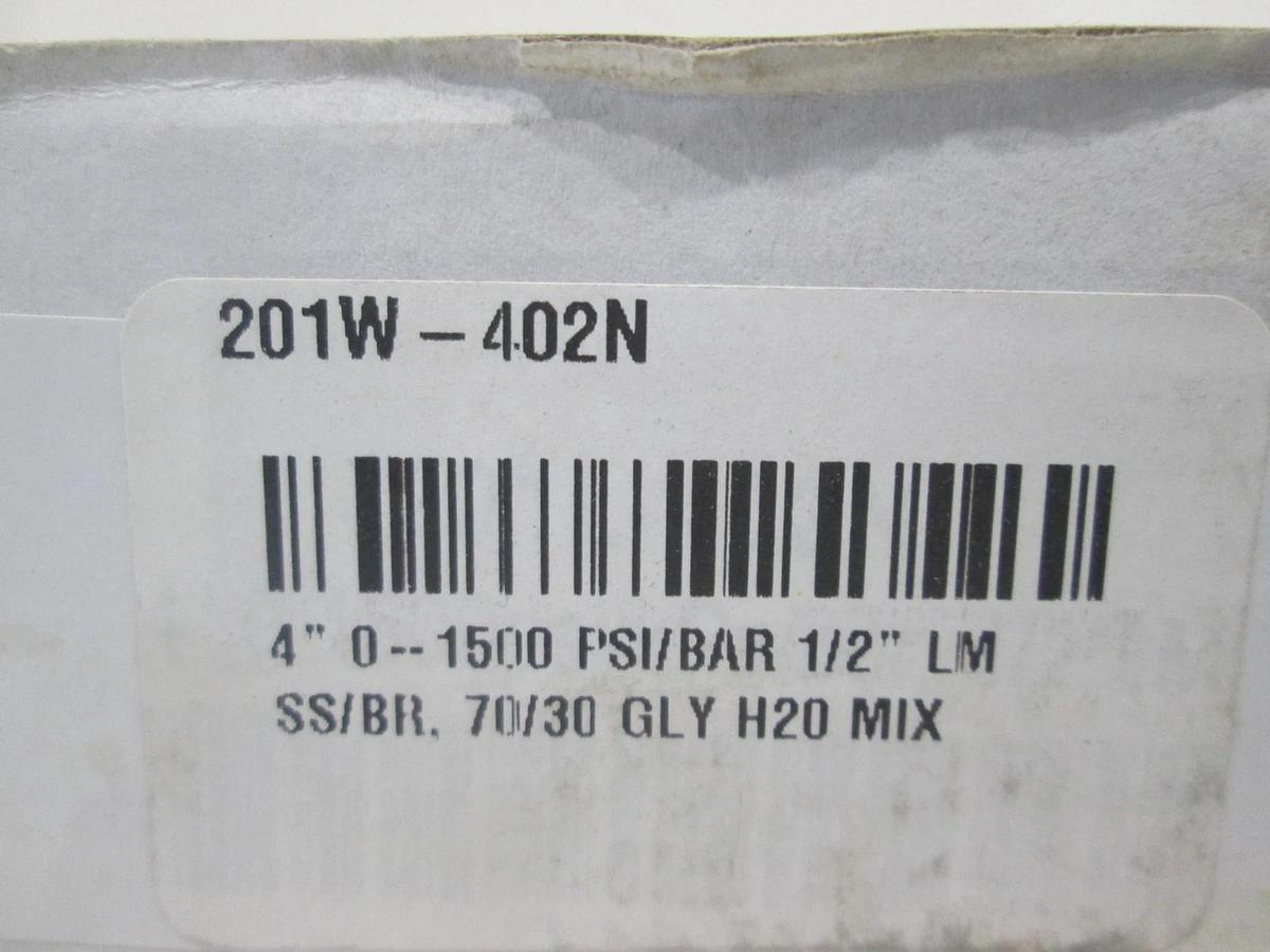 PIC Gauge, 201W-402N, 4", 0-1500 PSI/Bar 1/2" LM SS/BR, 70/30 GLY H20 Mix, New