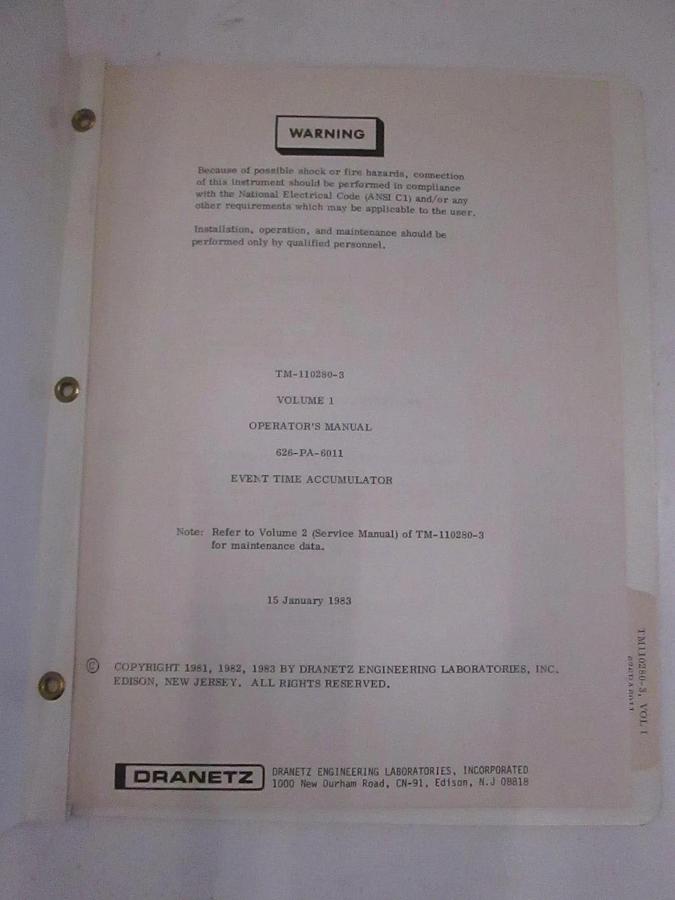 Used Dranetz TM-110280-3 Volume 1 Event Time Accumulator Operators Manual, Used