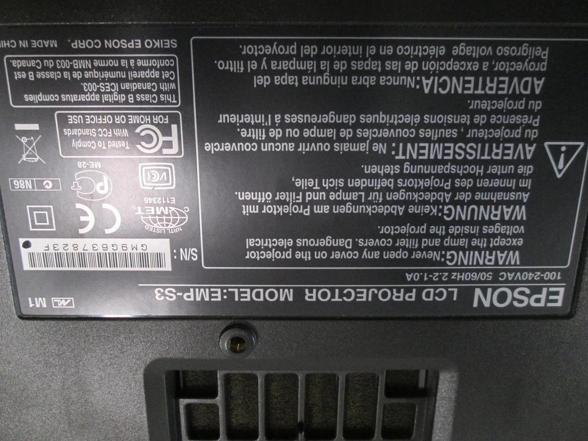 Used Epson Model: EMP-S3, LCD projector 100-240v, 50/60Hz 2.2-1.0A, Used