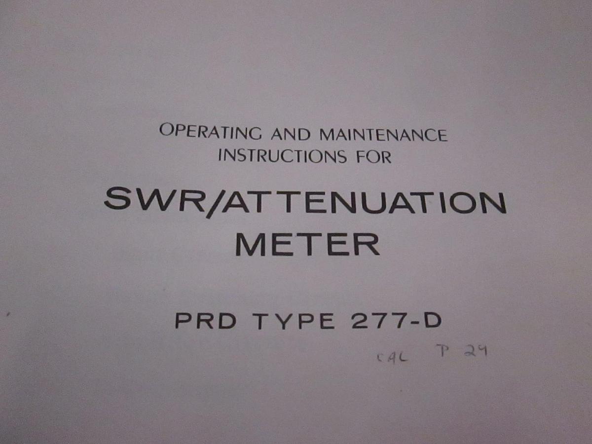 Used PRD Type 277-D SWR-Attenuation Meter Operating and Maintenance Manual, Used