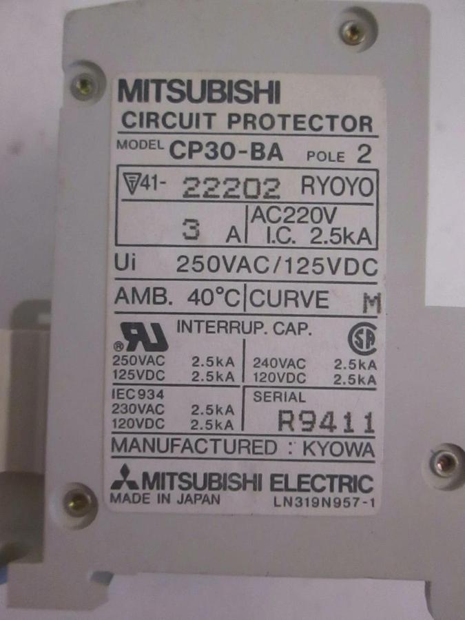 Used Mitsubishi Circuit Protector CP30-BA, 3A, 250VAC/125VDC, 2 Pole, Used