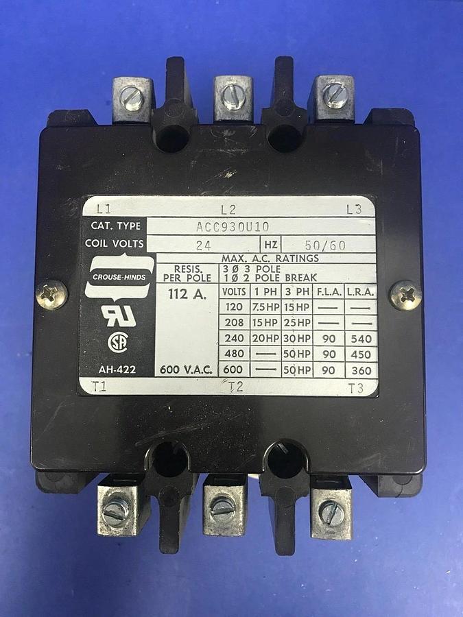 Used CROUSE-HINDS ACC930U10 Contactor, 600 VAC, 112A, 3P, Used