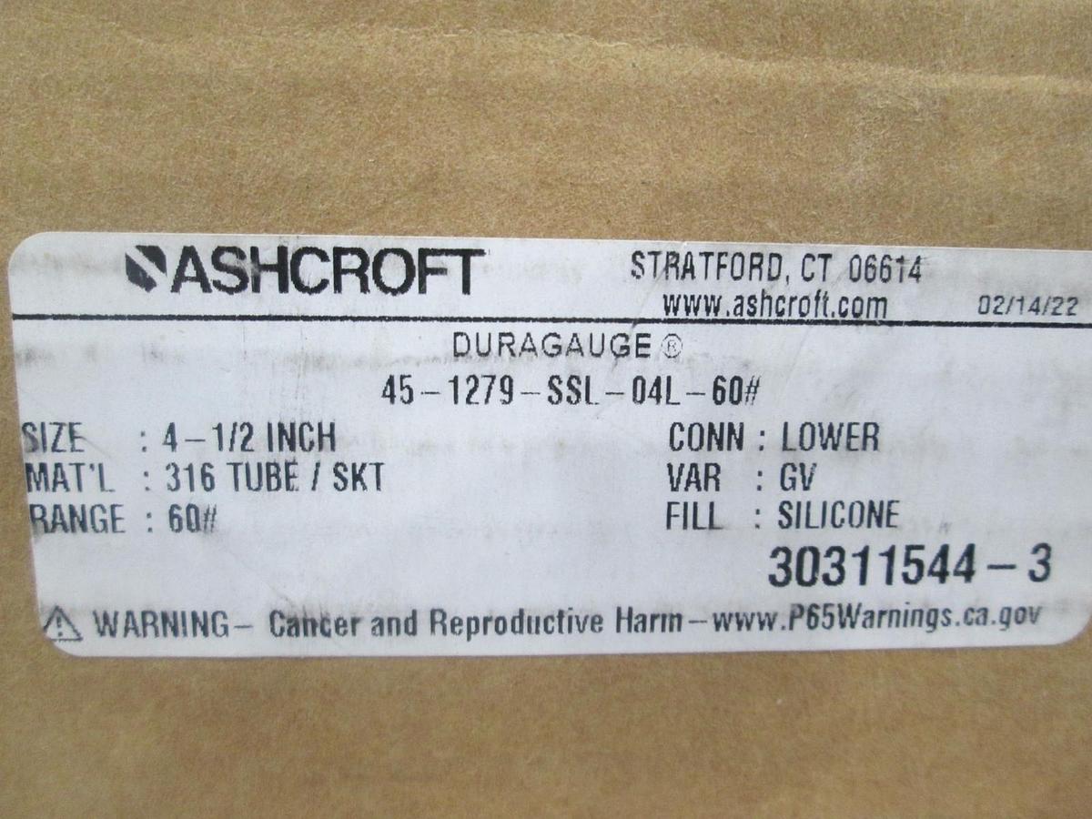 Ashcroft, Duragauge, 4-1/2", 45-1279-SSL-04L-60, Silicone Fill, New
