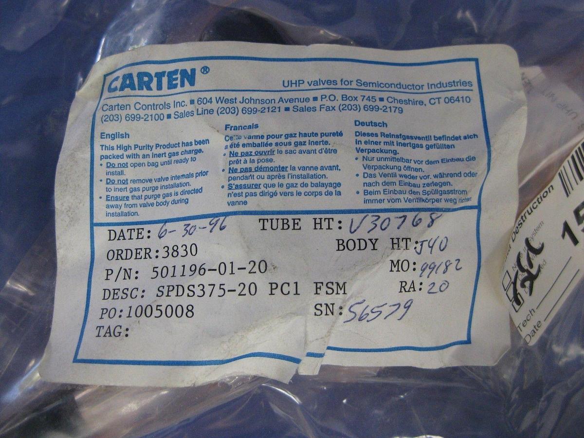 Carten SPDS375-20 Diaphragm Valve, 375 psi, 2 Way with Purge Port, New