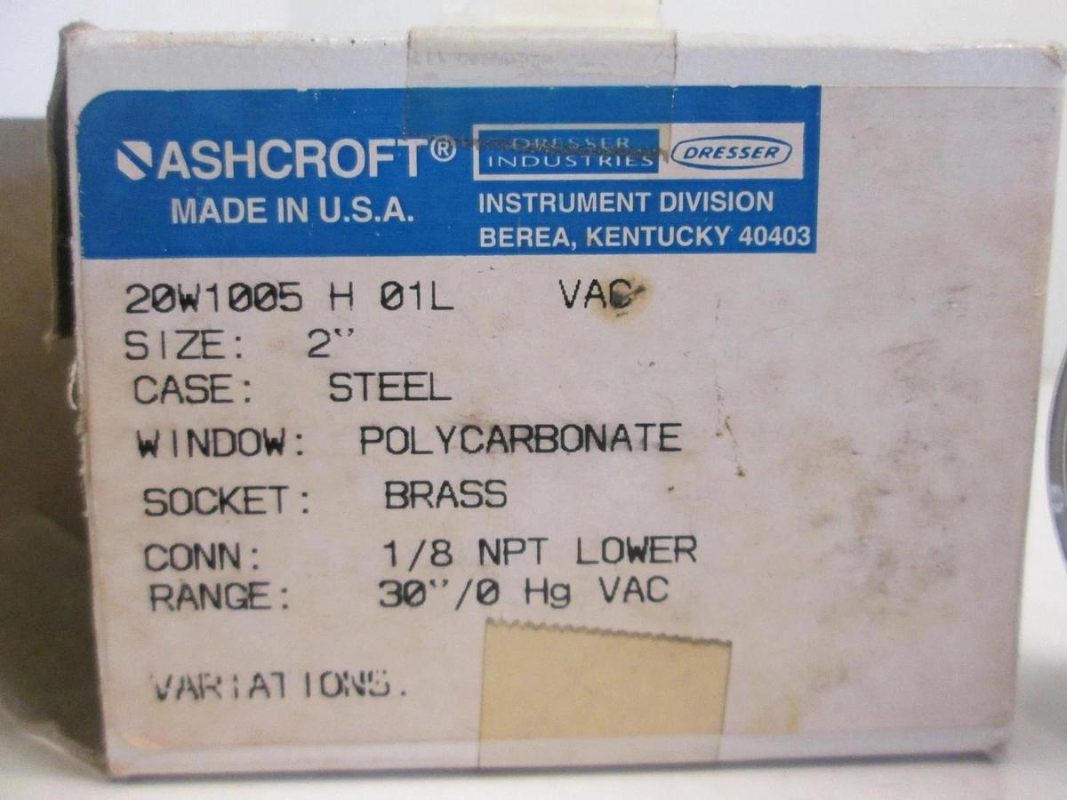 Ashcroft Vacuum Gauge, 20W1005, 2" Face, 30"-0 Hg VAC, New