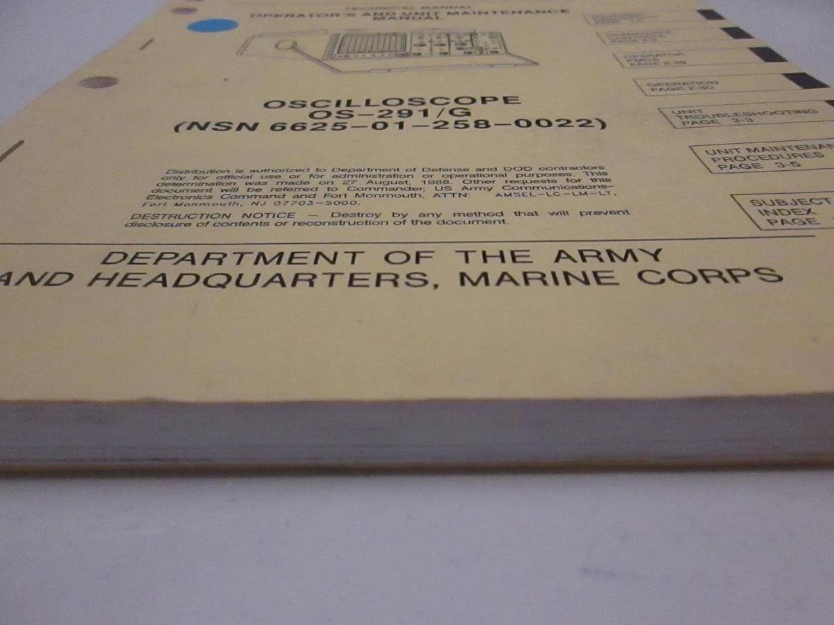 Used Tektronix OS-291/G Oscilloscope Operator and Maintenance Manual, Used