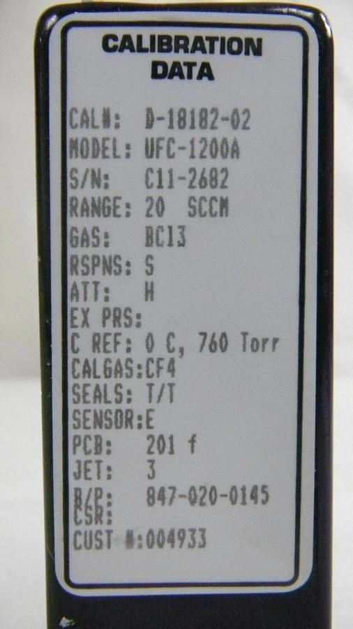 Used Unit UFC-1200A, Mass Flow Controller, Gas- BC13, Range- 20 SCCM, 1/4" M I/O