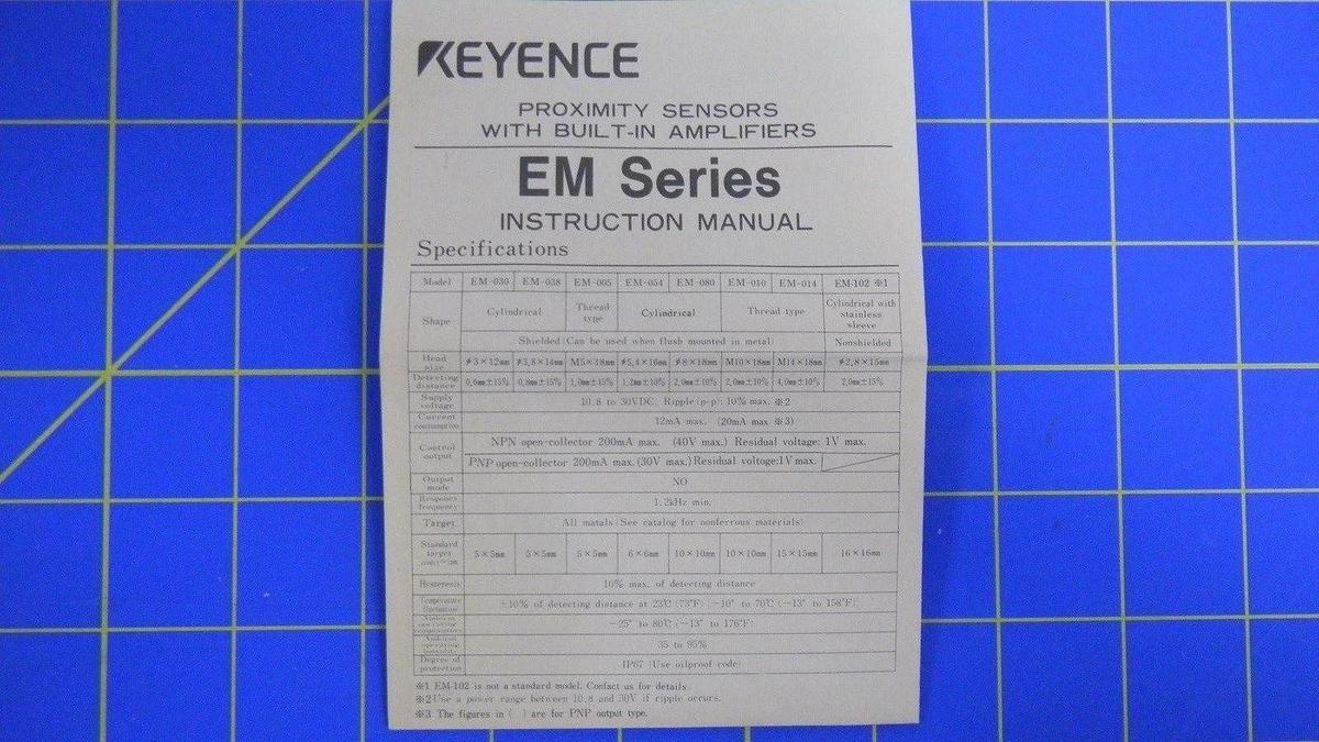 Used Keyence EM-080, Proximity Sensor Switch, Cylindrical, 8x18mm Head, 2.0mm+/-10%