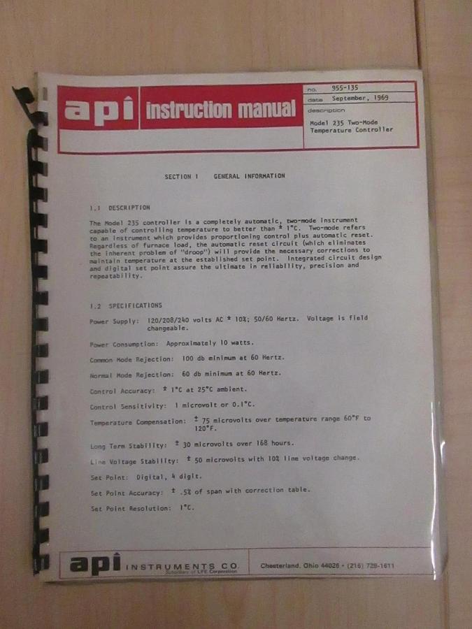 Used API Model 235 Two-Mode Temperature Controller Manual, Used