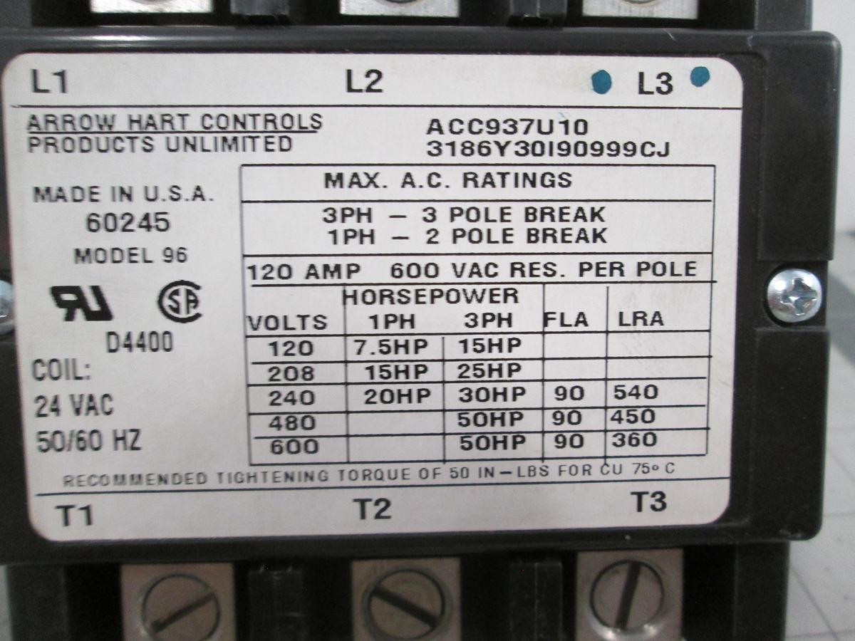 Used Arrow Hart, ACC937U10, 3 Pole Contactor, 90A 600V 24VAC, Coil Model 96