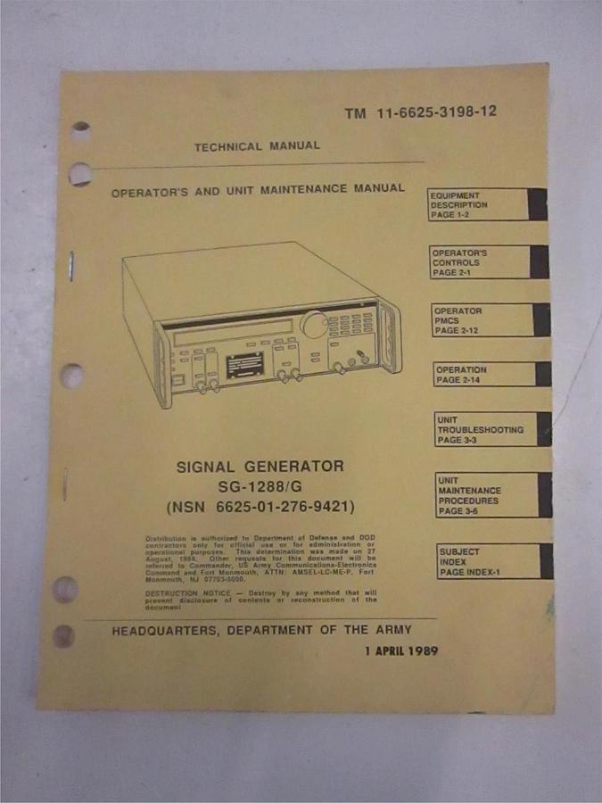 Used Signal Generator SG-1288/G Technical Operator and Unit Maintenance Manual, Used