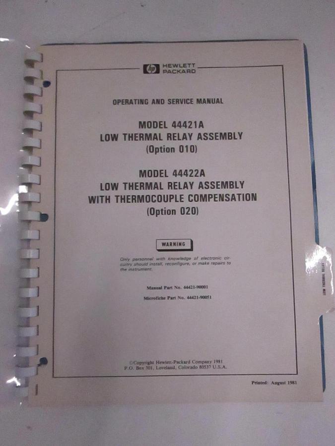 Used HP 44421A and 44422A Low Thermal Relay Assy Operation and Service Manual, Used
