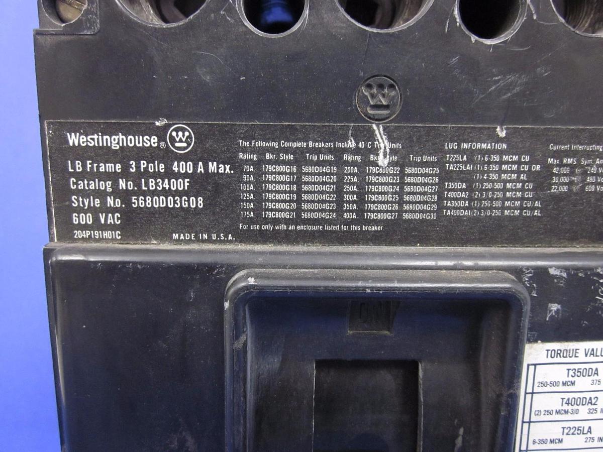Used Westinghouse LB3400F Circuit Breaker, 600V 400A, 3 Pole