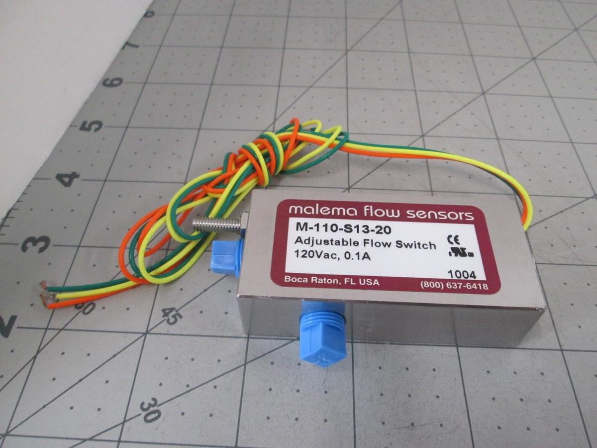 Used Malema Engineering, M-110-S13-20, Adjustable Flow Switch, 120VAC, 0.1A, New