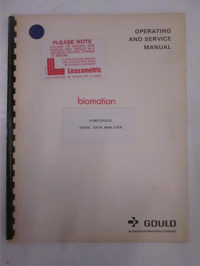 Used Gould K100-D/RS232 Serial Data Analyzer Operating and Maintenance Manual, Used