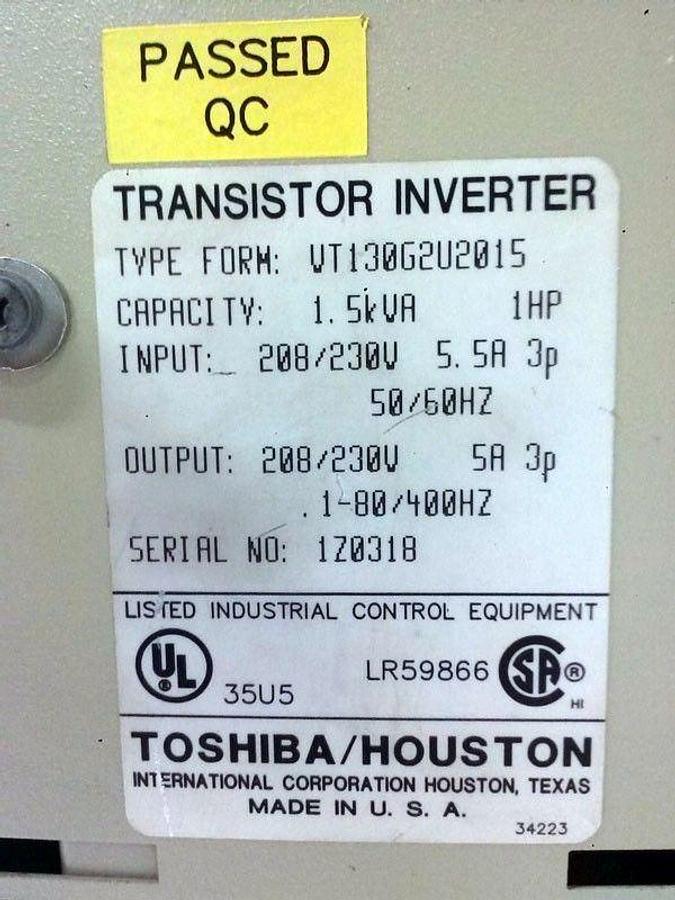 Used Tosvert Toshiba VT130G2U2015 Transistor Inverter 1.5kVA 1HP, Used