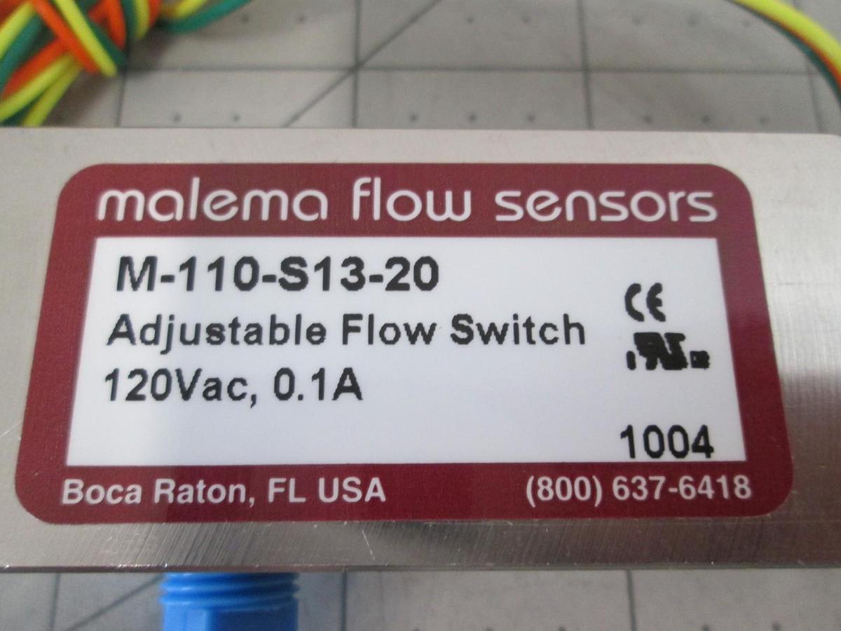 Used Malema Engineering, M-110-S13-20, Adjustable Flow Switch, 120VAC, 0.1A, New