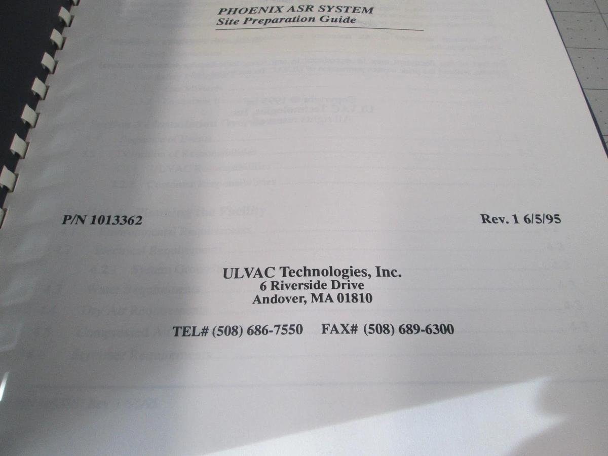 Used Ulvac, Phenix ASR System, Site Preparation Guide, Rev. 1, 1013362, Used